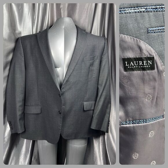 Lauren Ralph Lauren Mens Suit Jacket 50R Black Label Blazer Gray Wool Blend Prom - Picture 1 of 17